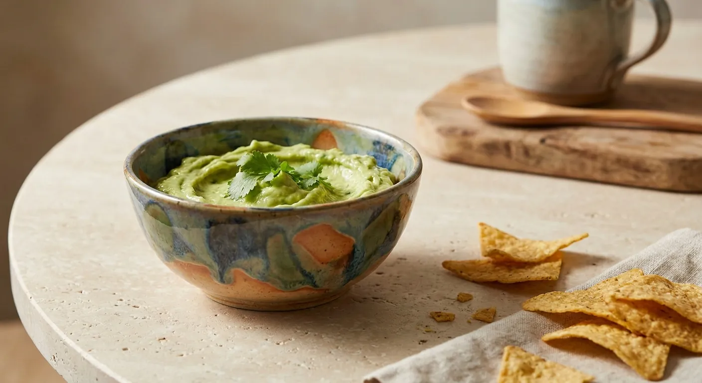 Eliseen ceramic bowl used to hold avocado dip beside chips
