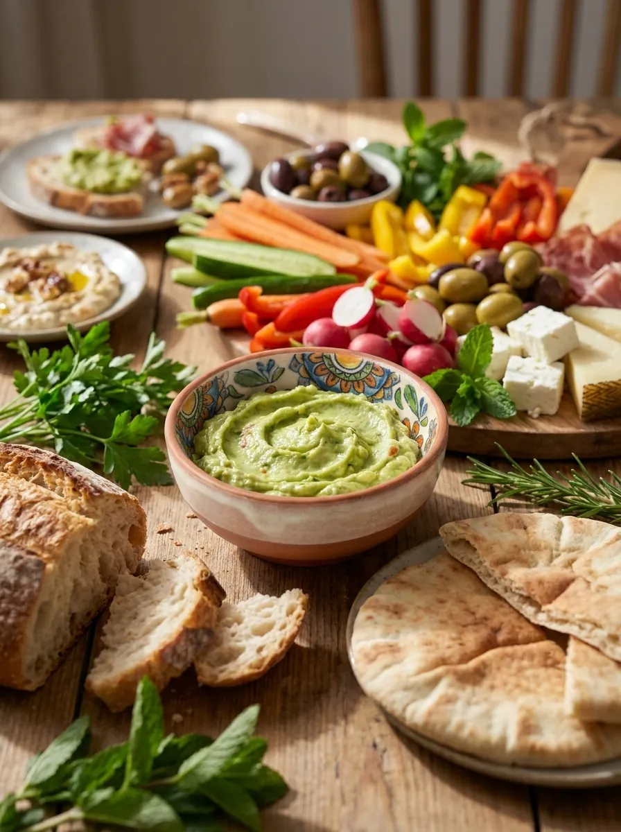 An Eliseen boho ceramic bowl filled with guacamole dip at the centre of a full grazing table