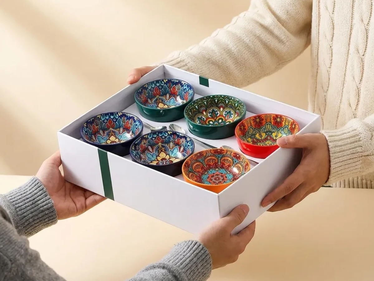 Two people exchanging the Eliseen gift box with six colourful boho dessert bowls inside
