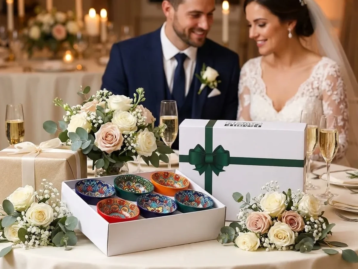 The Eliseen bowl gift set on a wedding gift table with the bride and groom