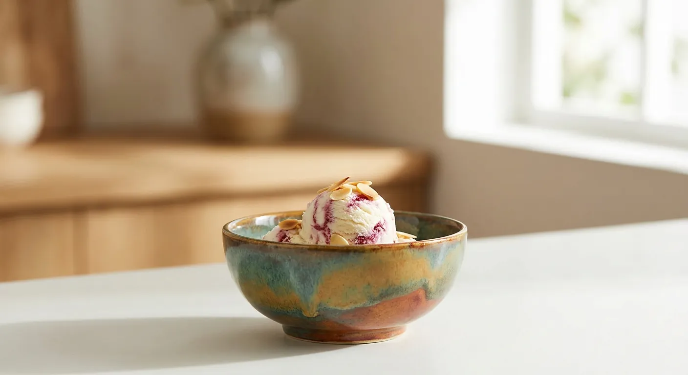 A scoop of ice cream in an Eliseen ceramic bowl
